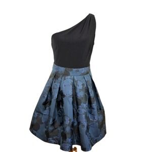 LAUREN RALPH LAUREN Women's 12 Blue & Black One Shoulder Tea Cocktail‎ Dress